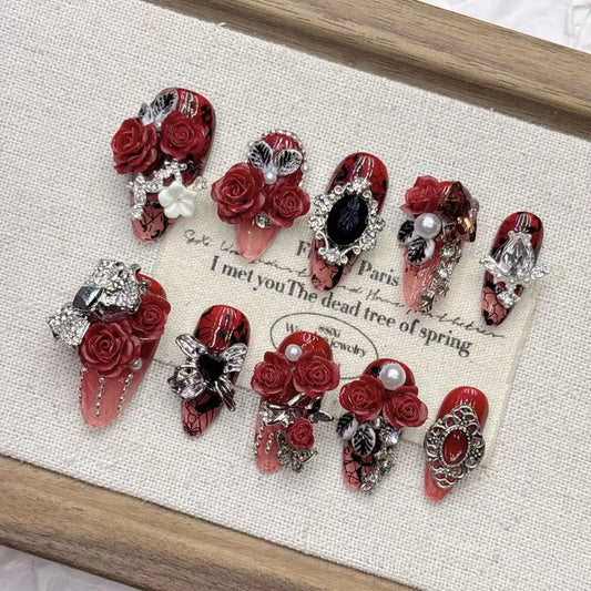 Gothic Red Rose Press On Nails With Rhinestones Metal Ornaments Pearls Multiple Sizes Red Black 3D Rose Rhinestones Design