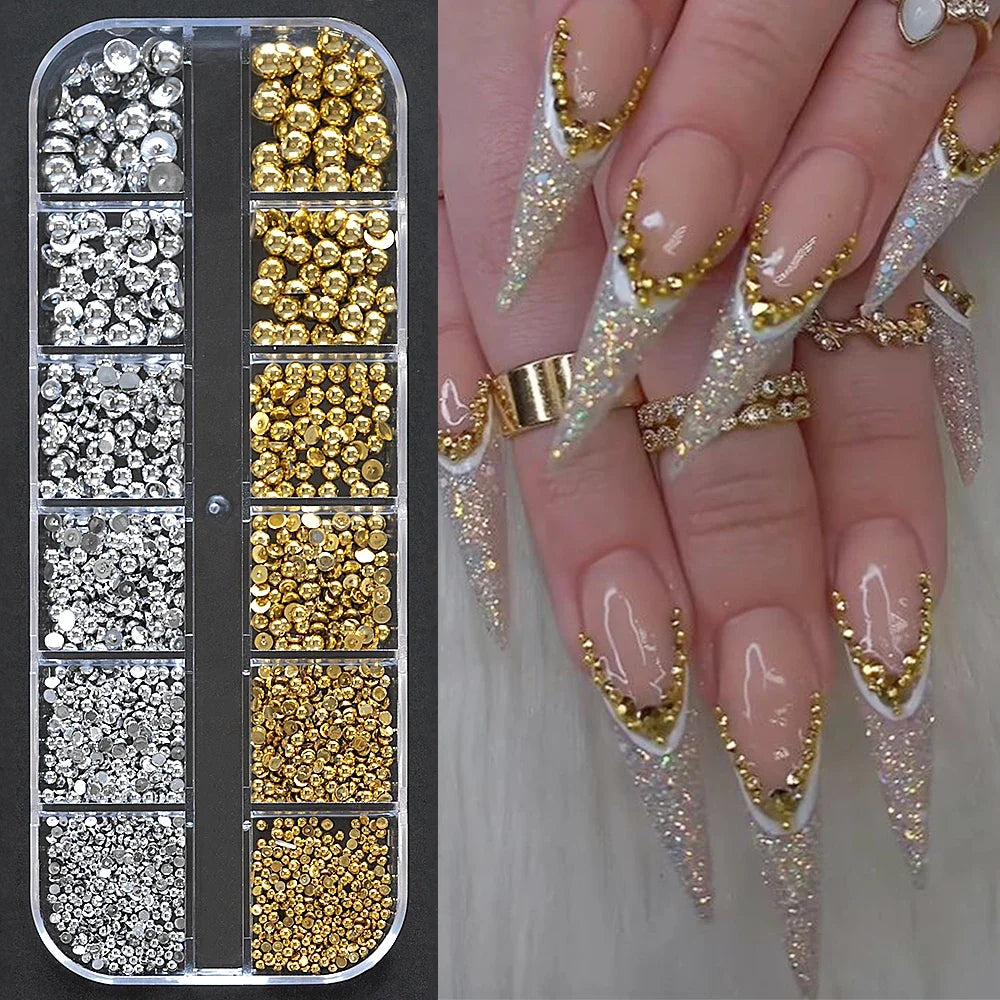 12 Grids Flatback Gold Silver Pearl Beads Nail Charms Round Caviar Ball For Nail Art Decorations 3D Nail Jewelry Rhinestones