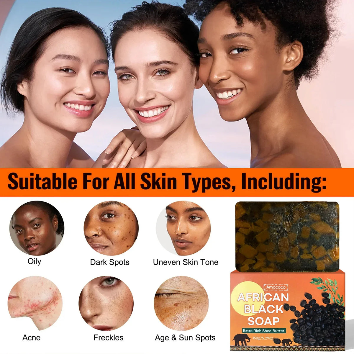 Amococo 3/6pcs African Black Soap Bar 150g Shea Butter Body Soap Moisturizing Cleansing Bath Soap with Coconut Oil Caffeine Neem Extract Natural Skin Care Soap for Men Women Dry Skin