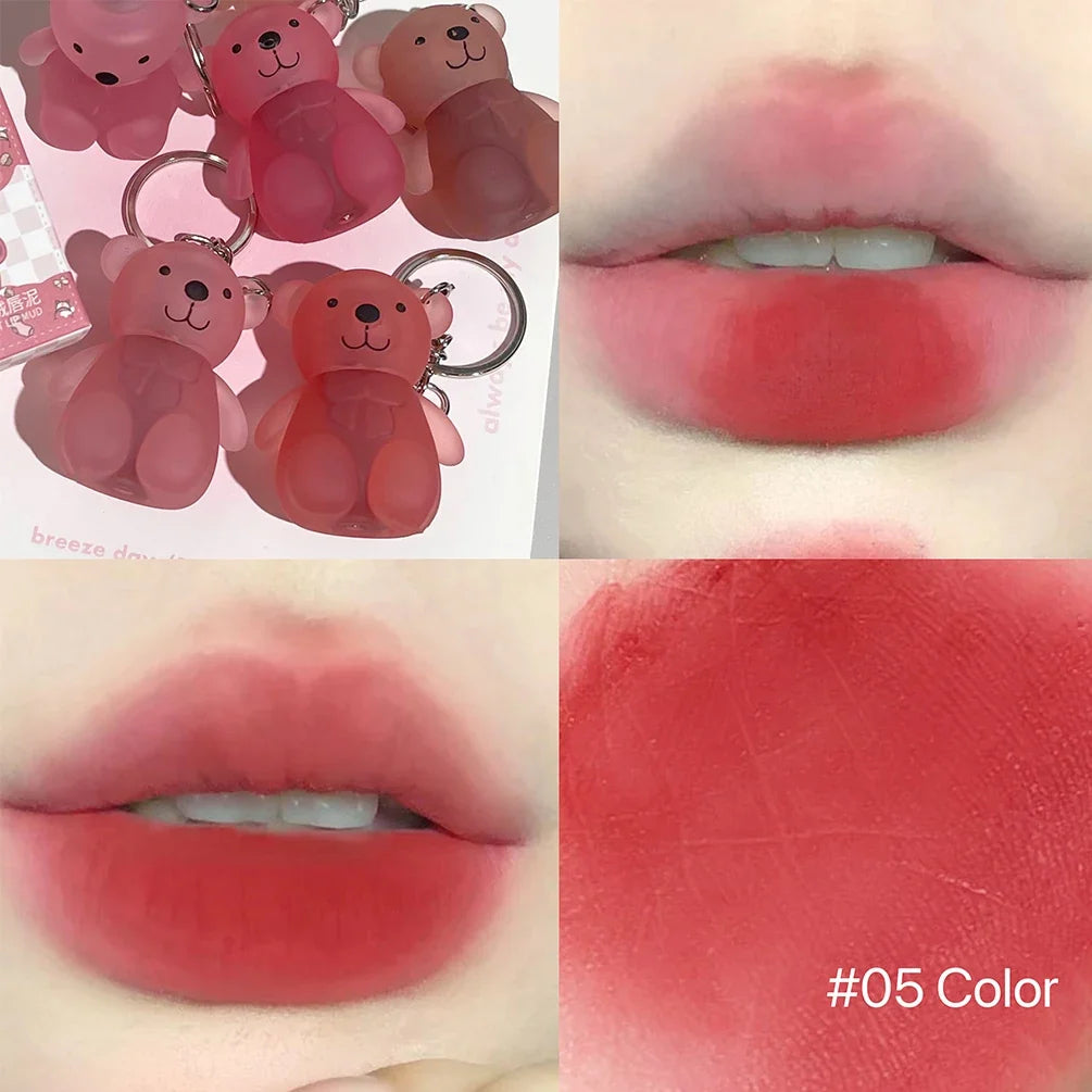 Cute Bear Velvet Lip Mud Keychain Matte Nude Red Lip Gloss Autumn Winter Non-stick Cup Lipstick Waterproof Lasting Lips Makeup