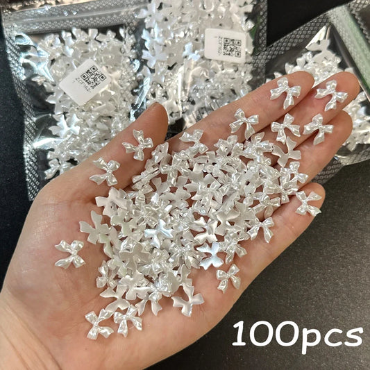 100pcs 3D White Satin Ribbon Bow Nail Charms Pearl Color Kawaii  Resin Bows Nail Art Decoration Accessories Nail Charm Nail Gems