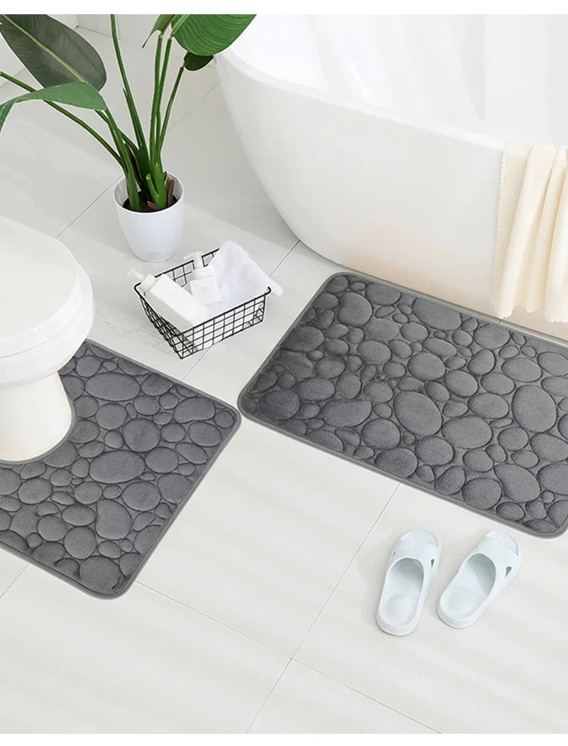 Embroidered Pebble Coral Velvet Floor Mat, Bathroom Carpet, U-shaped Sponge Absorbent Foot Mat, Door Mat, Two-piece Set
