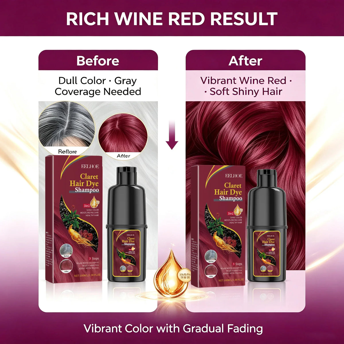 Fast-acting Hair Dye Shampoo Deep Wine Red 3 In 1 Natural Herbal Plant Extract Instant Coloring Shampoo For Gray White Hair Coverage Nourish Scalp