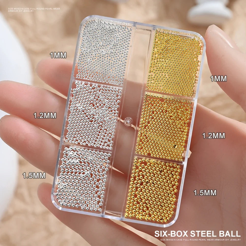 6 Grids Silver Steel Micro Beads Nail Art Decoration, Mixed Sizes-0.6mm 0.8mm 1.0mm, Nail Rhinestones Caviar Beads Nail Supplies