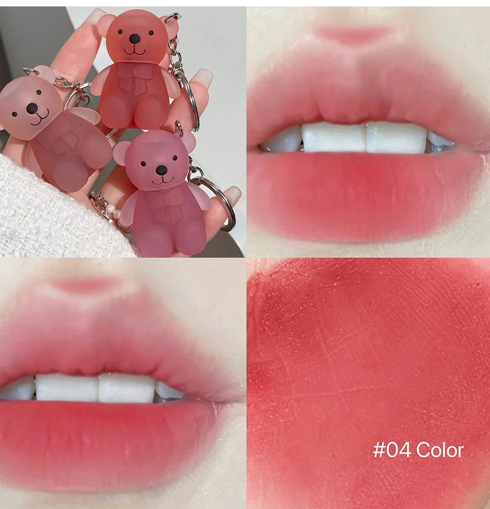 Cute Bear Velvet Lip Mud Keychain Matte Nude Red Lip Gloss Autumn Winter Non-stick Cup Lipstick Waterproof Lasting Lips Makeup