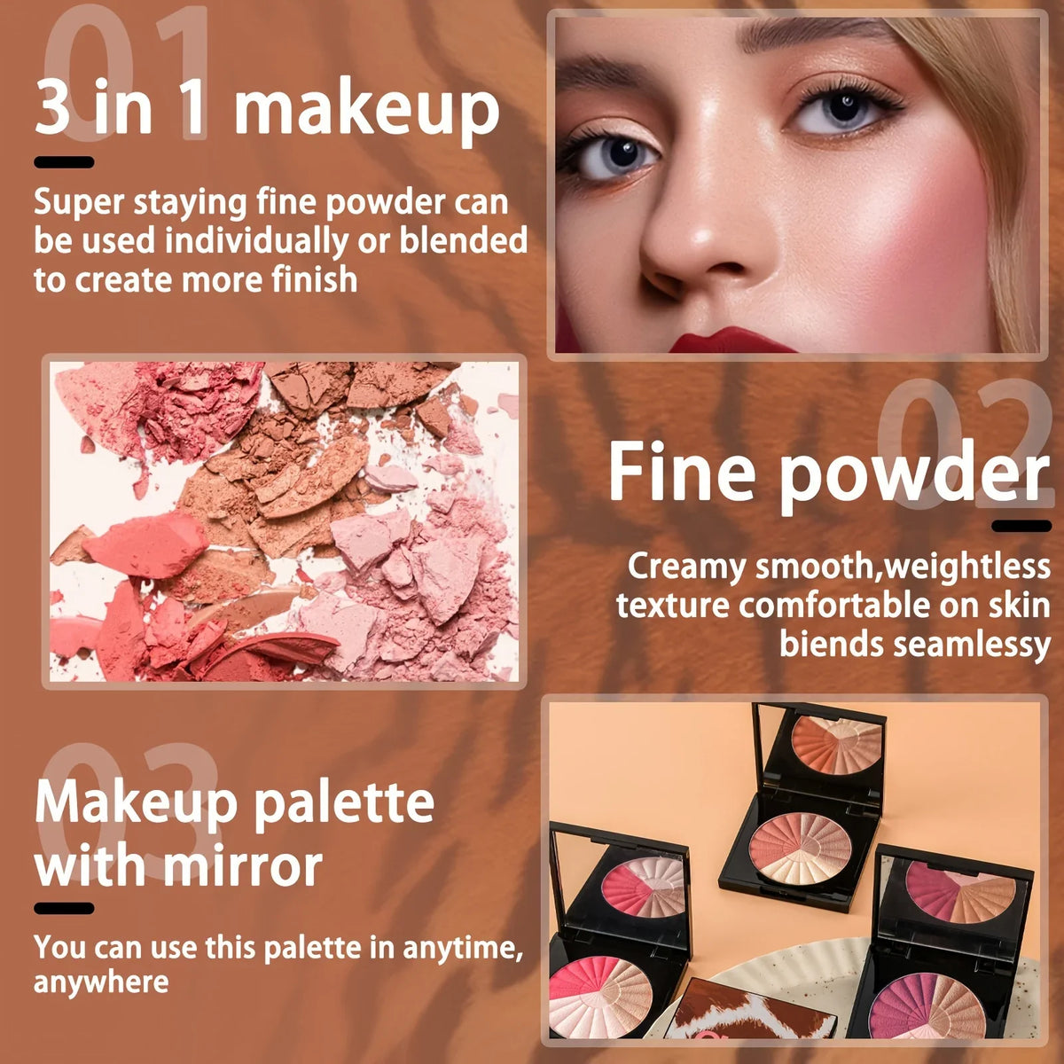 Blush Makeup Palettes, Highlighter Bronze Blush Powder, 3 in 1 Palette Matte Shimmer Glow illuminator Powder Face Highlighter