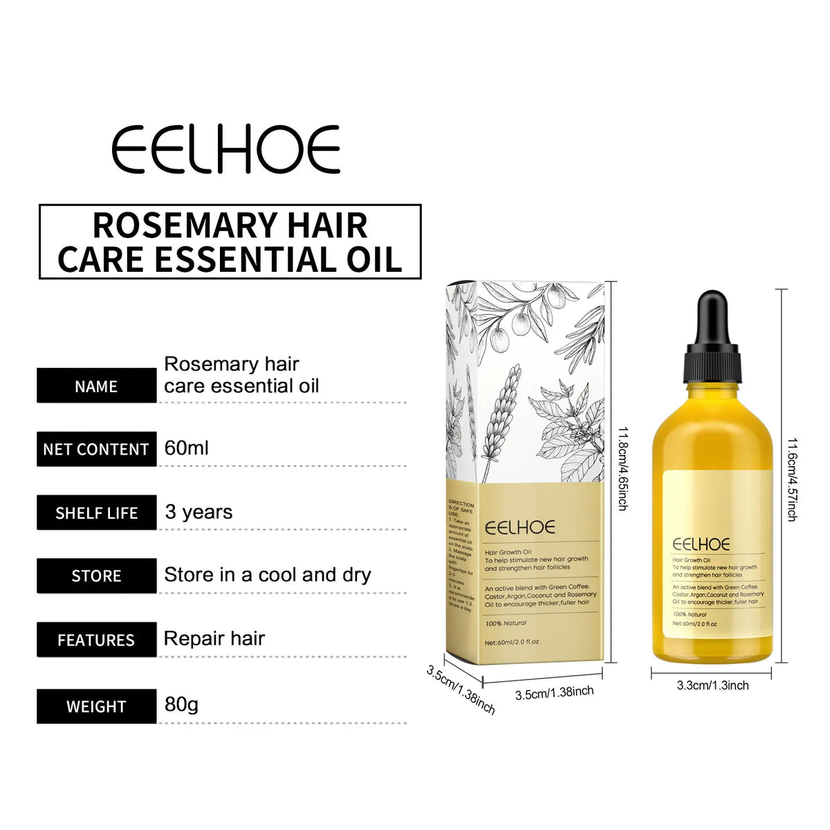 EELHOE Natural Rosemary Hair Growth Essential Oil Smooth Hair Strengthening Repair Hair Loss Prevention Rosemary Essential Oil