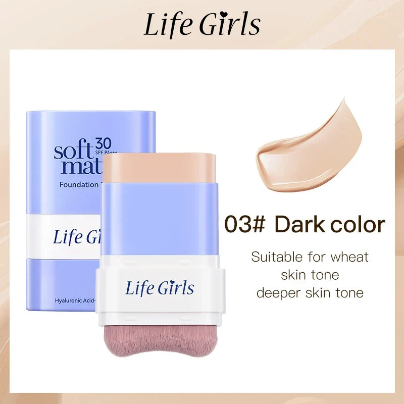 2 in 1 SPF30 Foundation Stick with Built-in Brush Soft Matte Full Coverage Waterproof Long Wear Concealer Makeup Base