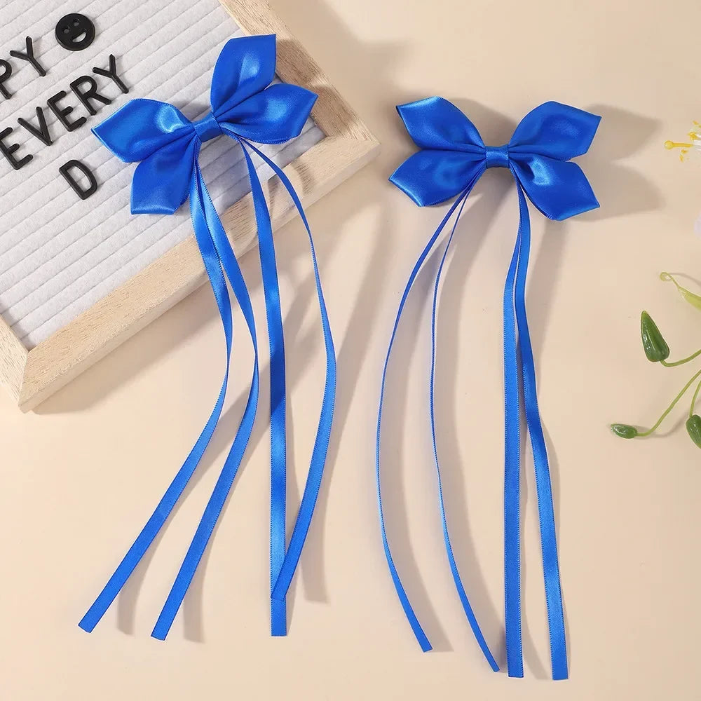 BABY BOWS 2Pcs Silky Satin Long Tassel Bow Hair Rubber Bands Sweet Ribbon Bow Hair Ties for Girls Head Decor