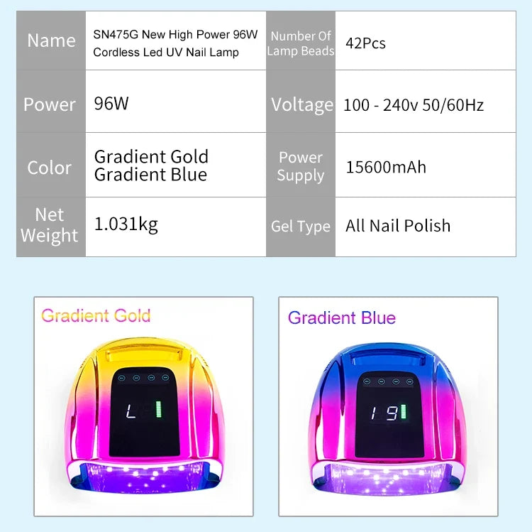 96W Rechargeable Nail Lamp Cordless Gel Polish Dryer UV Light for Nails Manicure Light Wireless Nail UV LED Lamp