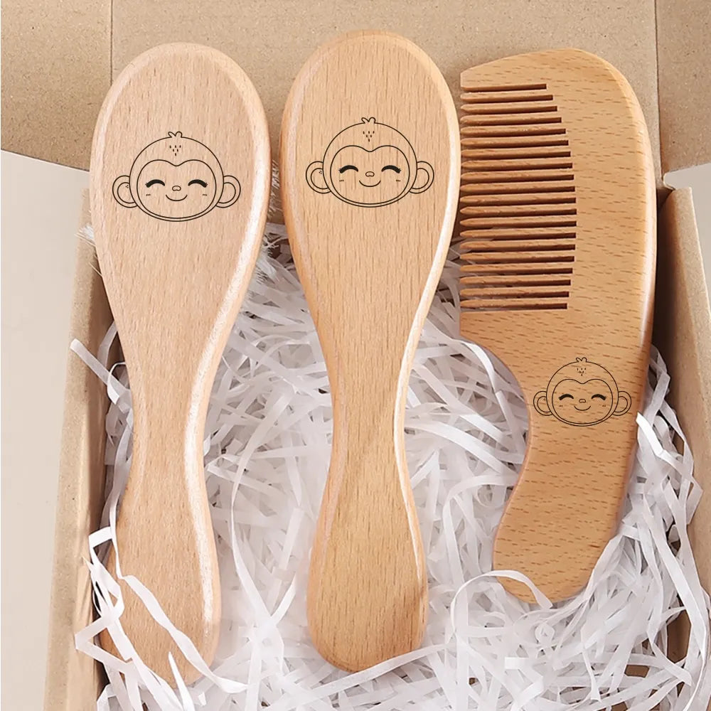 Engraved Panda Baby Hair Brush  Natural Wool Wooden Comb Air Cushion Brush Newborn Baby Shower Gift