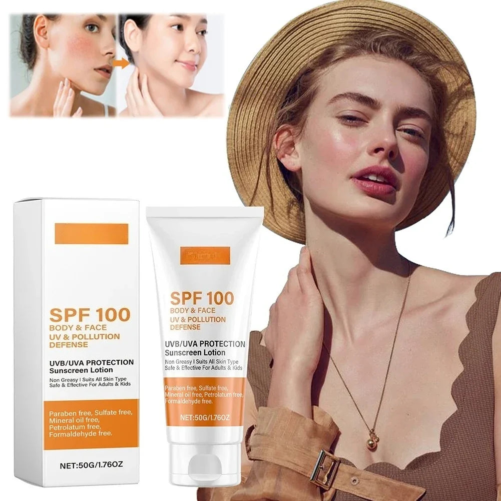 Face & Body Sunscreen Non-Greasy SPF 100+ Facial Sunblock UVA & UVB Protection Sunblocking Cream Anti Aging for Summer Beach