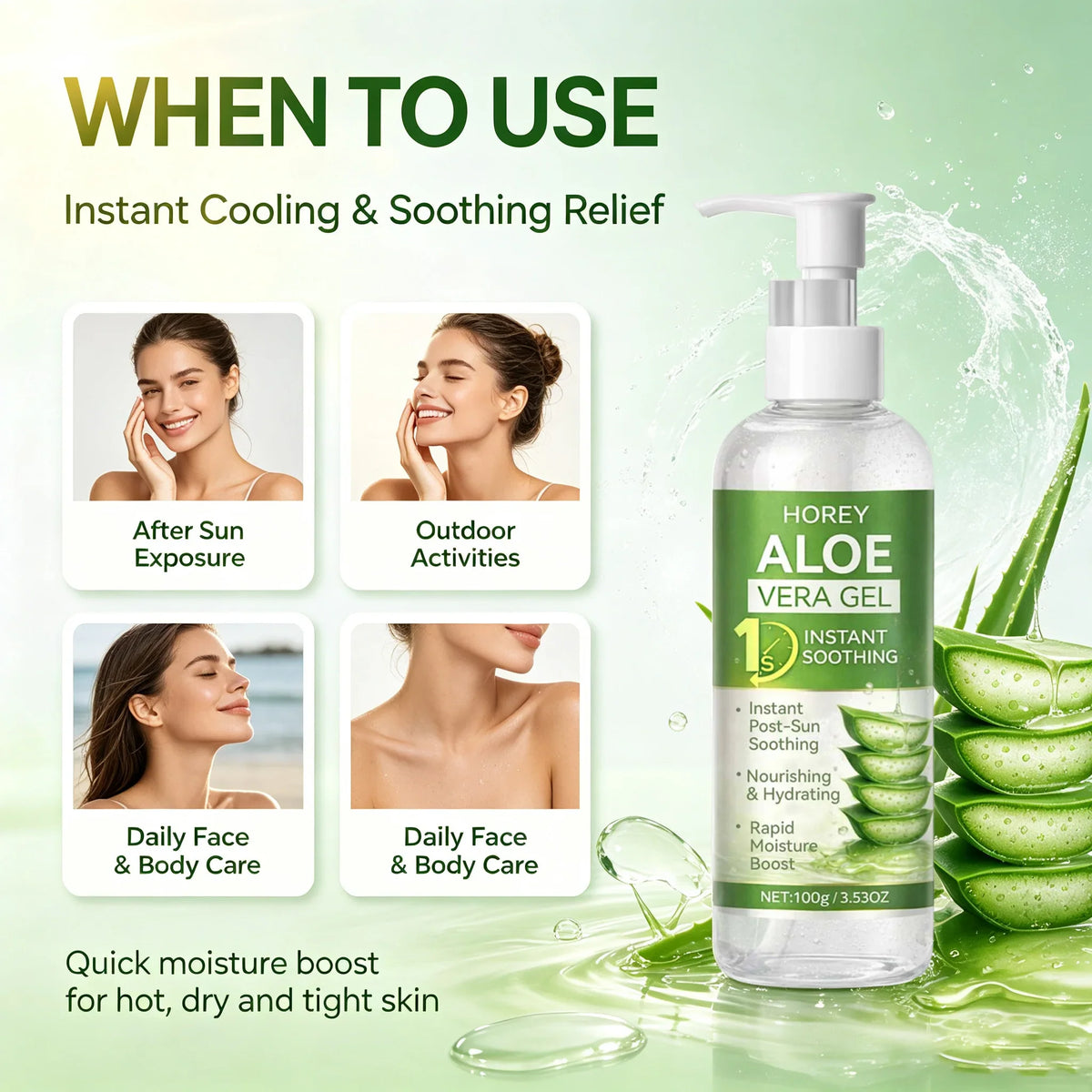 Aloe Vera Gel Instant Soothing After-Sun Moisturizing Hydrating For Face & Body Refreshing Hydrates Dry Skin with Aloe Water
