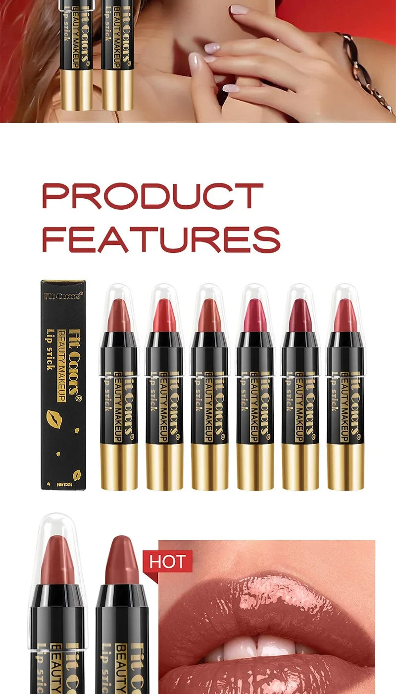 Fit Colors 6-Color Nourishing Lip Crayons - Velvet Finish, Hydrating, Non-Transfer, and Waterproof Lipsticks