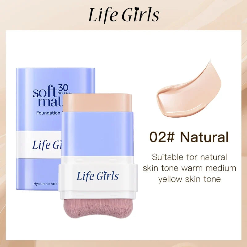 2 in 1 SPF30 Foundation Stick with Built-in Brush Soft Matte Full Coverage Waterproof Long Wear Concealer Makeup Base