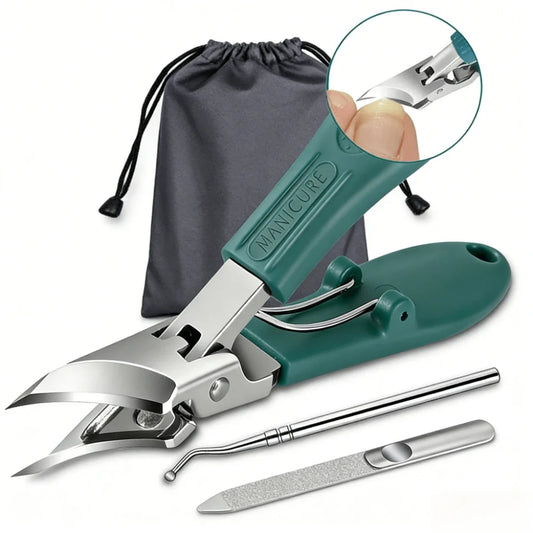 3pcs Stainless Steel Wide Jaw Opening Toenail Clippers Set Long Handle Angled Head Anti-Splash Design for Ingrown and Thick Toen