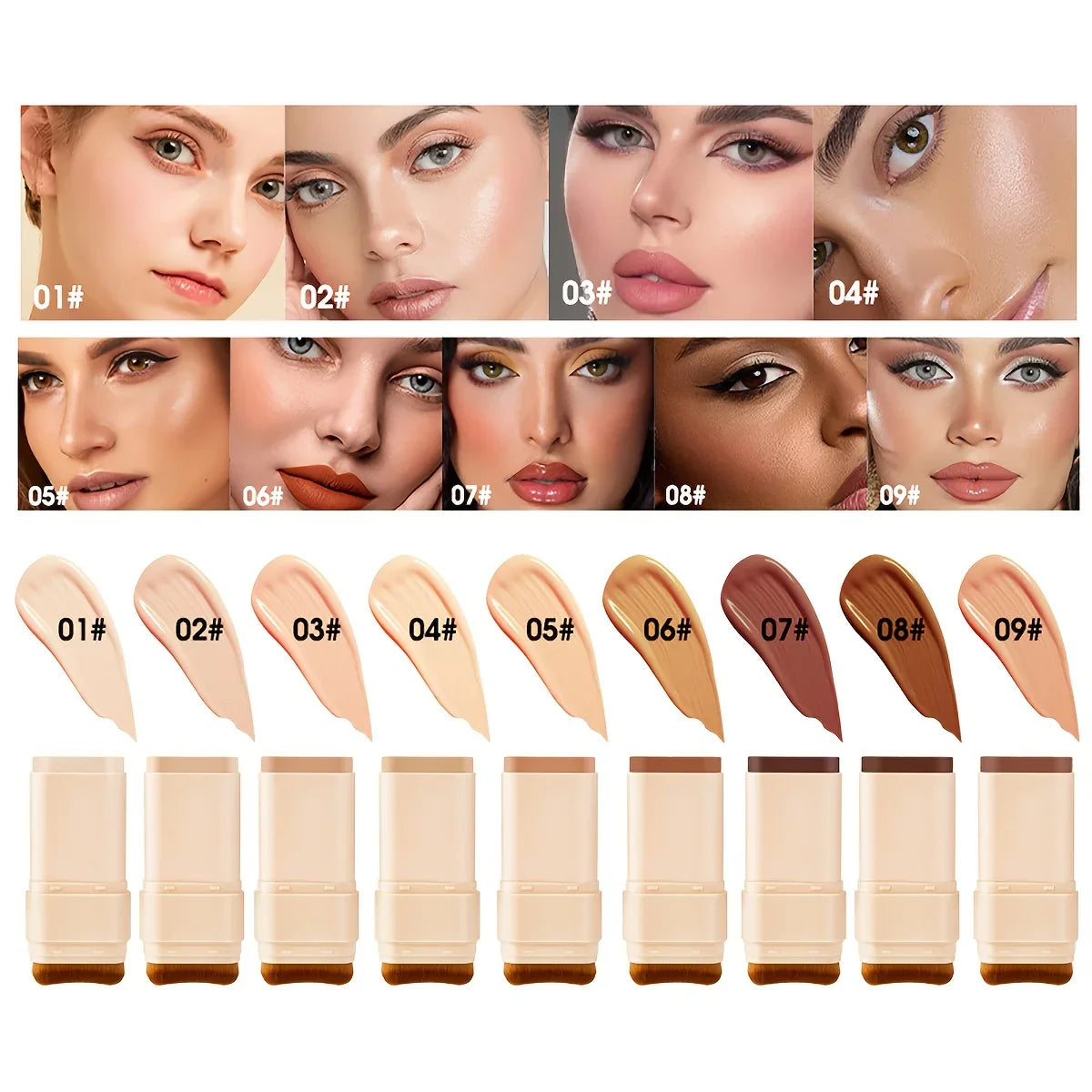 2-in-1 Concealer Eraser Dual-Head Foundation Stick with Brush Head Nine Colors European and American Waterproof Non-Caking Solid Foundation Cream 15G/Stick - 1 Stick