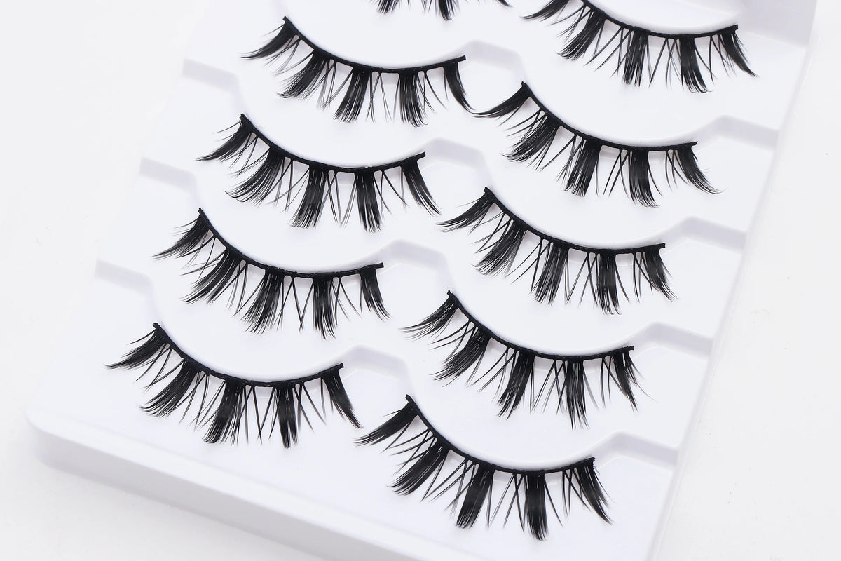 DINGSEN 5 Pairs Manga Lashes Cosplay Fake Eyelashes Strip Lash Soft Natural Look Fox Eye Korean Manhua Makeup False Eyelashes