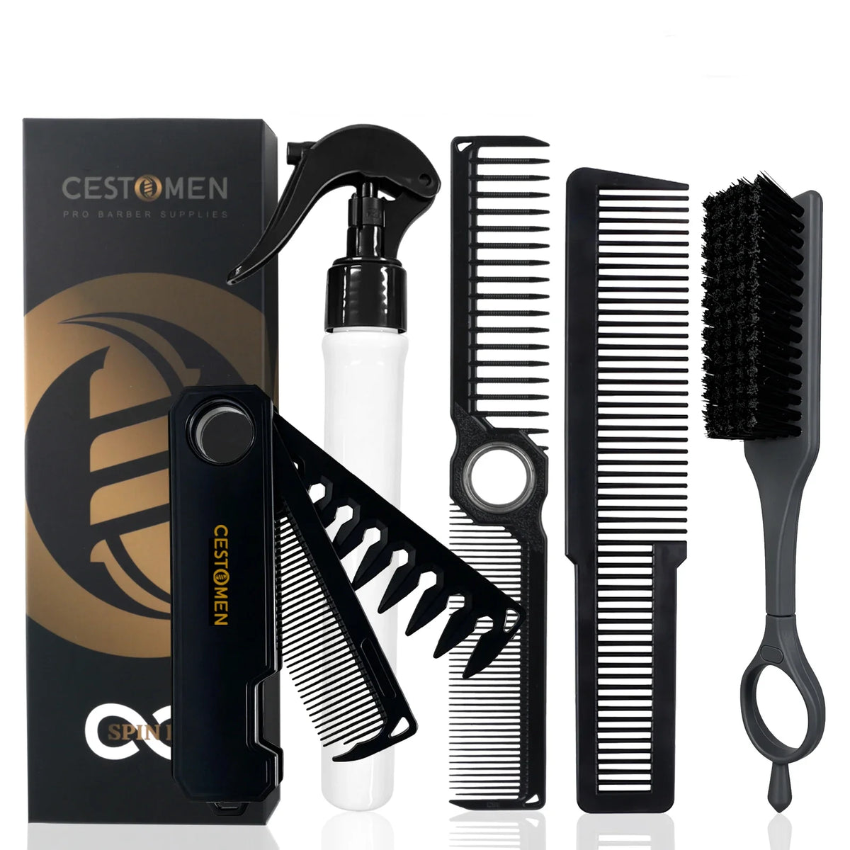5PCS/Set Pro Barber Fine Mist Spray Bottle Spining Dual-Side Tooth Folding Haircut Comb Duster Hair Cleaning Brush Styling Tools