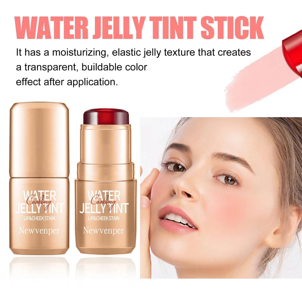 3Pcs Durable Waterproof Water Jelly Tint Blush Stick for Face and Lip，Non-Sticky，Long Lasting，Moisturizing，Nourishing