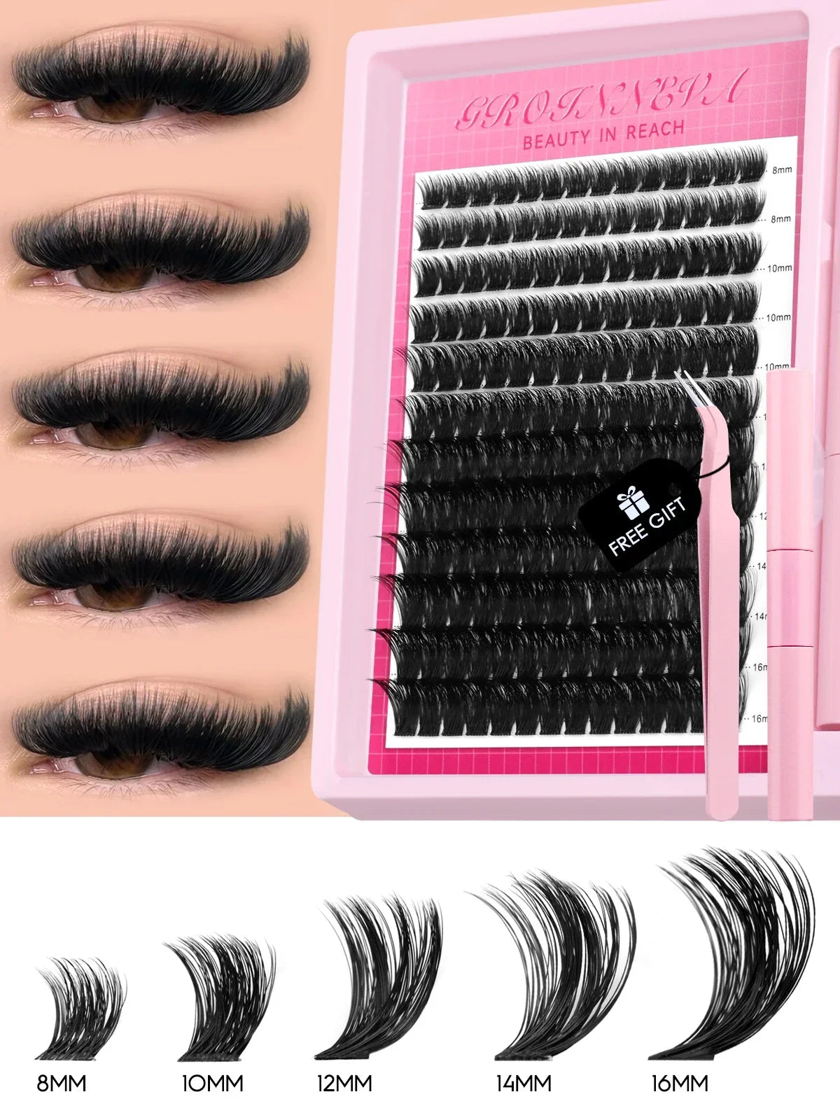 GROINNEYA Lash Clusters Kit Fluffy Individual Lashes C Curl Cluster DIY Lash Extension Kit Lash Bond and Seal Eyelash Extensions