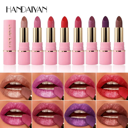 8 Colors Glitter Diamond Lipstick Long-Lasting Pink Brown Pearlescent Metallic Purple Sparkling Lipstick Makeup Cosmetic