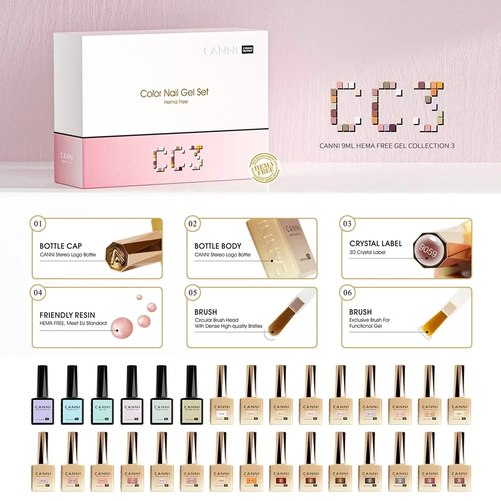 CC8 New Kit CANNI 9ML Nail Gel Polish HEMA/TPO FREE 30pcs Color Gel Pigment Professional Long Wear Top Coat Gel Varnish Set