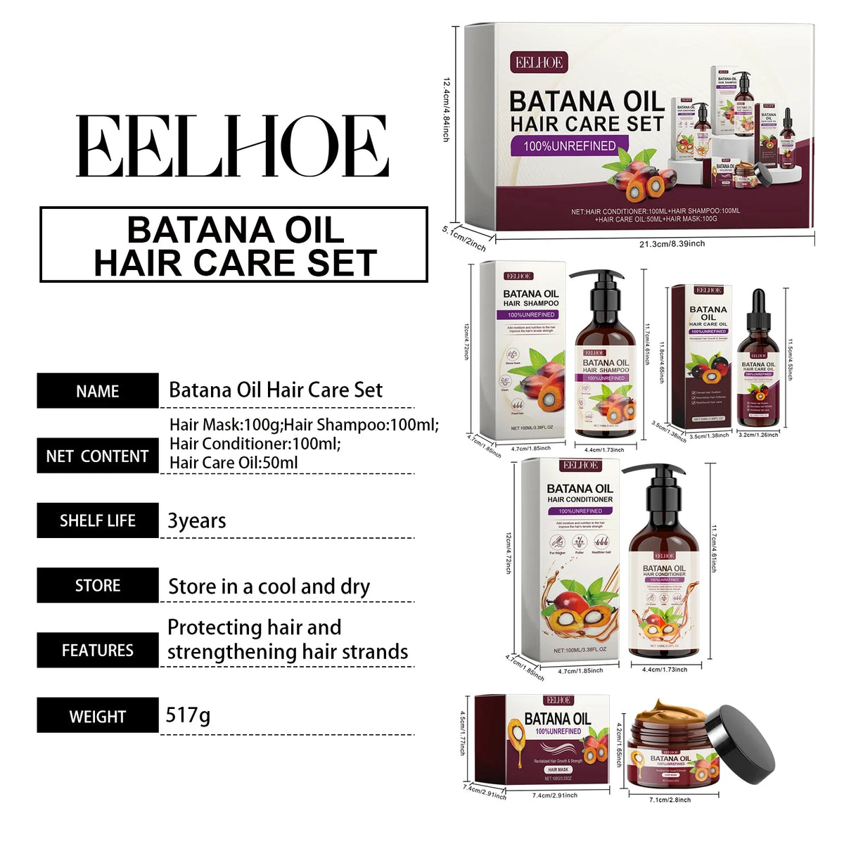 Batana Hair Growth Set Shampoo & Conditioner with Unrefined Oil & Mask for Hair Loss Care Kit for Thinning Hair & All Hair Types