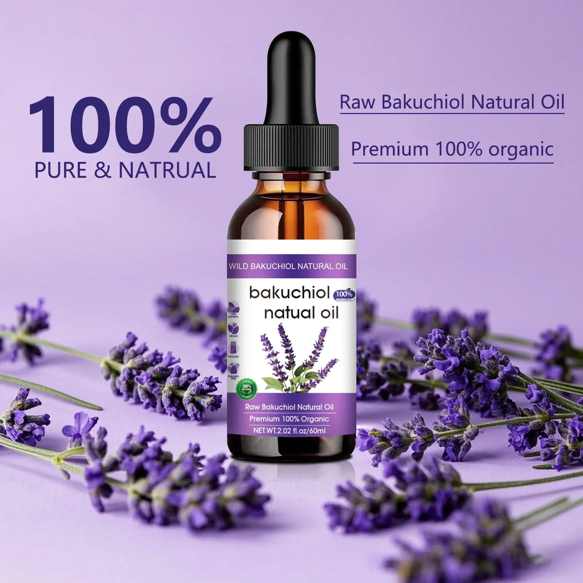 Bakuchiol Anti-Aging Face Oil 60ml - Natural Retinol Alternative with Lavender, Promotes Glowing, Youthful-Looking Skin.