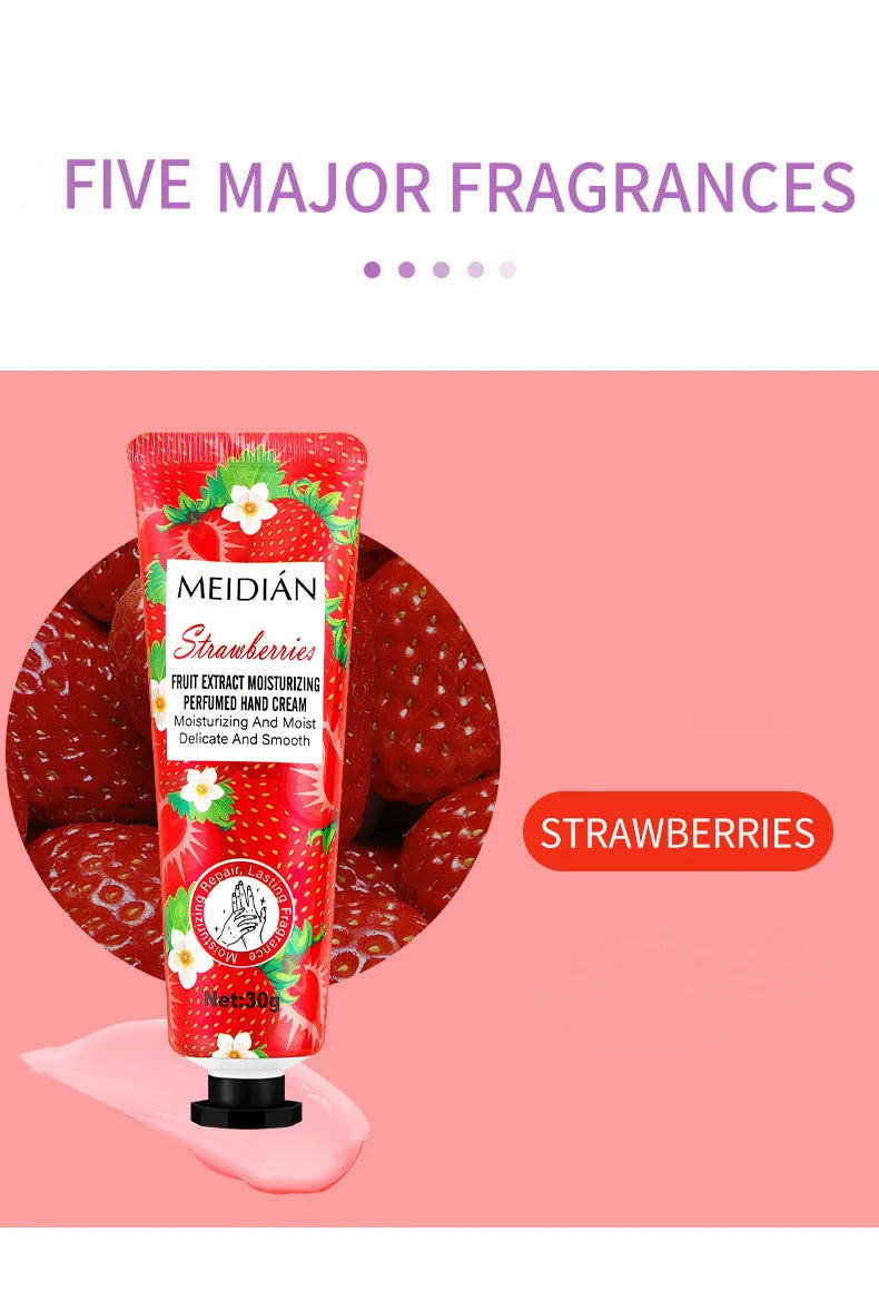 Five piece fruit scented hand cream for moisturizing and long-lasting fragrance retention. Hand care mask cream