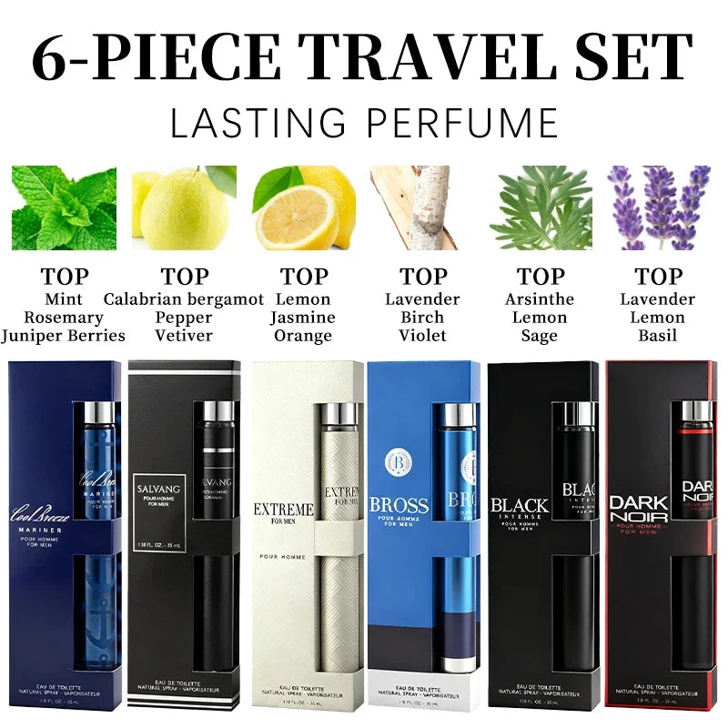 6-piece travel set, men's and women's eau de toilette spray, long-lasting fragrance, 6 different flavors, perfect for holiday gi