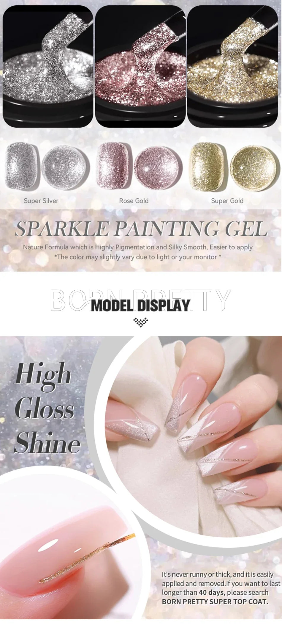 BORN PRETTY 5ml Super Sparkling Painting Gel Nail Polish Platinum Silver Gold Rose Glitter Graffiti Stripe Pull Line Nail UV Gel