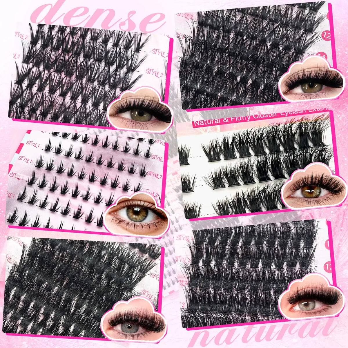 17 Pairs D Curl Cluster Eyelash Extensions, soft reusable fluffy thick upper & lower DIY individual lashes.