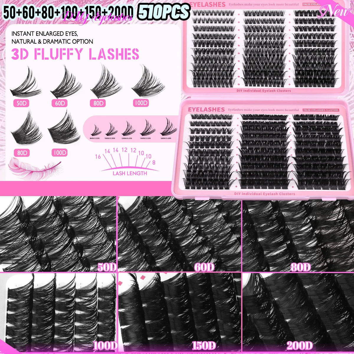 GROINNEYA Fluffy Lashes Clusters 510pcs D Curl 6 Styles 8-16mm Wispy Individual Lashes Soft False Eyelashes Eyelash Extensions