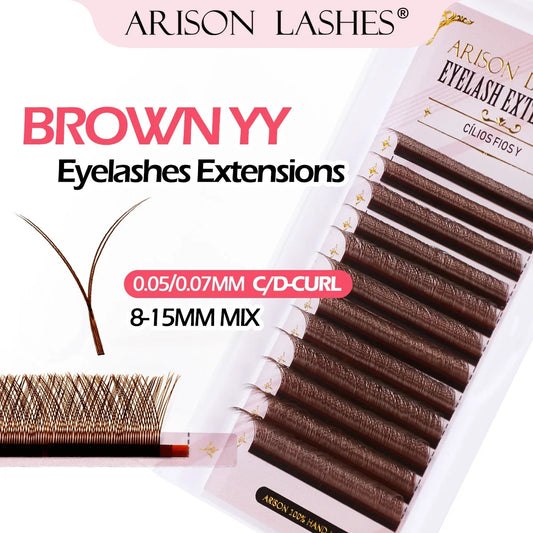 ARISON Brown 2D YY Lashes Double Tips Eyelashes Extension Cilios Y Premade Volume YY Shape EyeLash Grafting Extension Split Tip