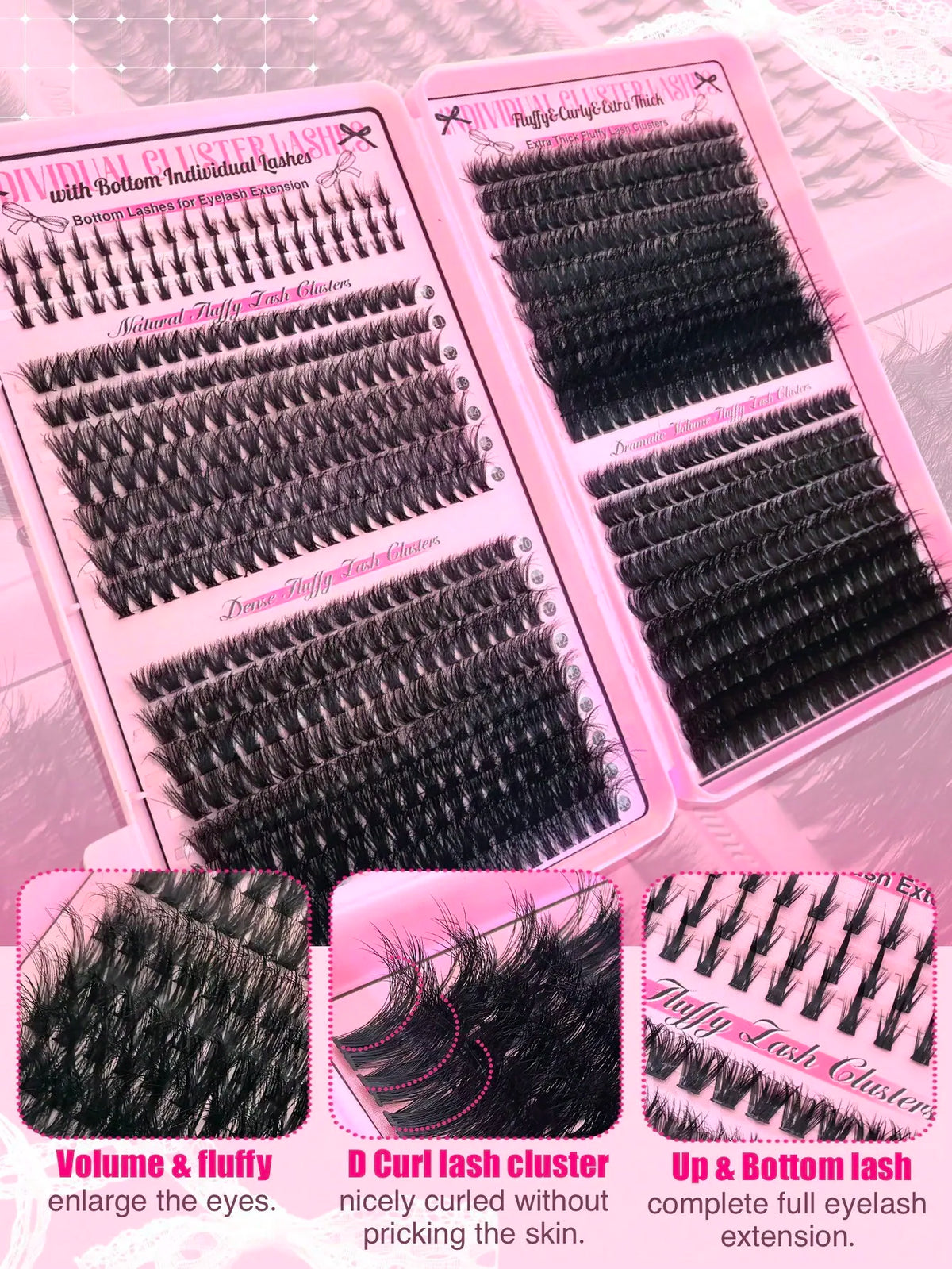 17 Pairs D Curl Cluster Eyelash Extensions, soft reusable fluffy thick upper & lower DIY individual lashes.