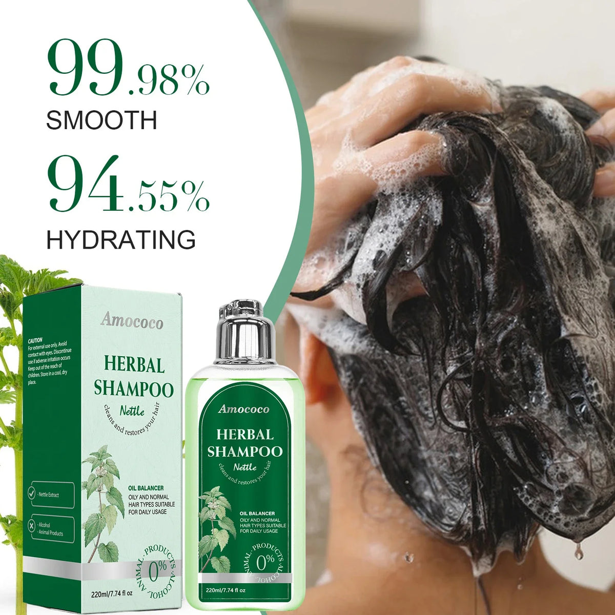 Amococo 3pcs Nettle Shampoo 220ml Each Oil Balancing Daily Hair Cleanser for Oily Normal Hair Purifying Scalp Care Gentle Formula