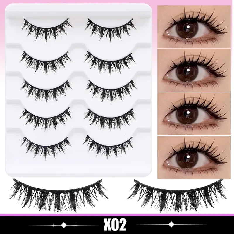DINGSEN 5 Pairs Manga Lashes Cosplay Fake Eyelashes Strip Lash Soft Natural Look Fox Eye Korean Manhua Makeup False Eyelashes