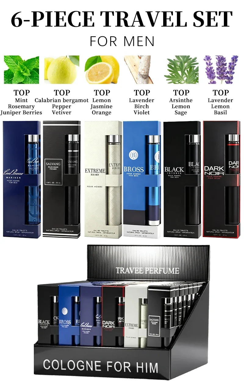 6-piece travel set, men's and women's eau de toilette spray, long-lasting fragrance, 6 different flavors, perfect for holiday gi