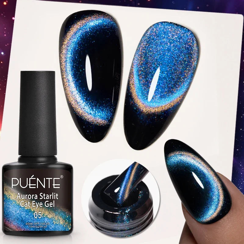 7.5ML Aurora Starlit Cat Eye Gel Nail Polish Rainbow Glitter Galaxy Cat Magnetic Nail Art Gel Soak Off UV Semi-Permanent Varnish