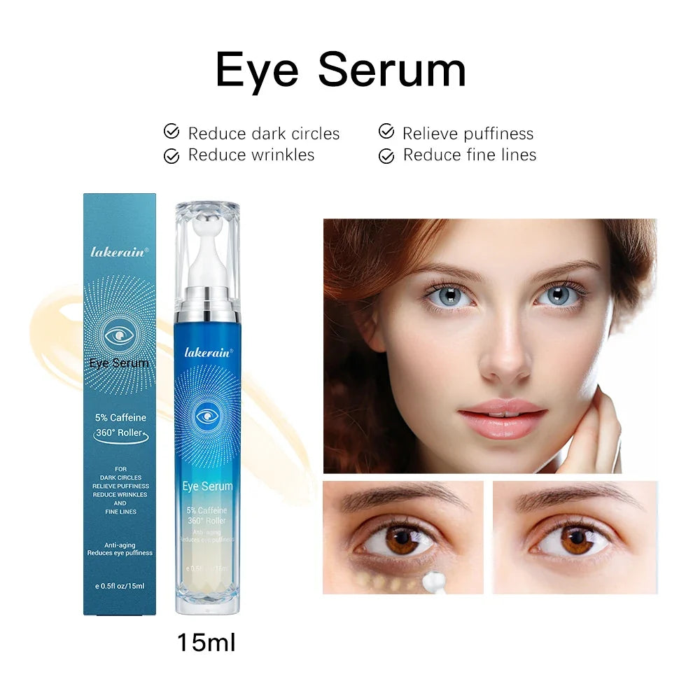 5% Caffeine Eye Serum and Under Eye Roller Cream for Dark Circles and Puffiness, Caffeine Eye Cream with 360° Massage Ball 15ml