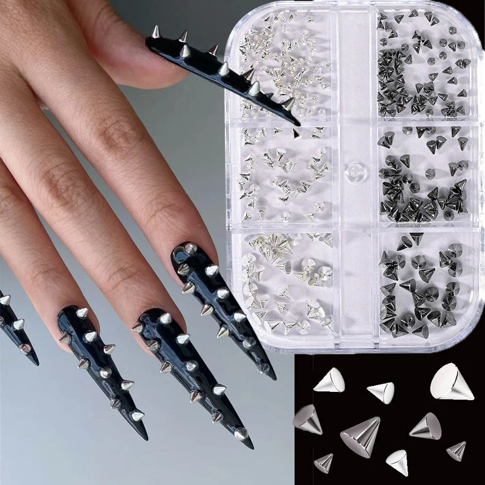 6Grid/Box Y2K 3D Mixed Metal Punk Pointed Cone Nail Rivet Gold/Silver/Gun Black Alloy Spike Nail Charms Flat Bottomed Nail Stud