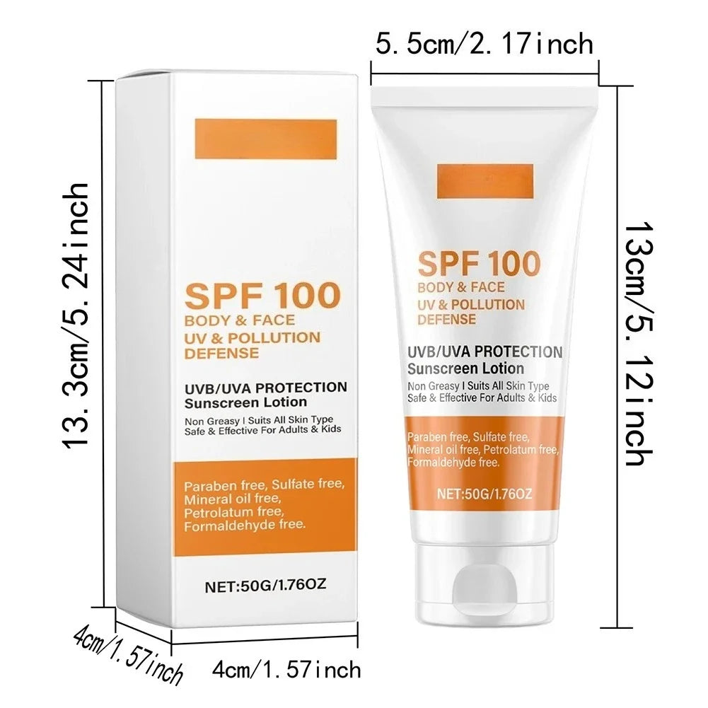 Face & Body Sunscreen Non-Greasy SPF 100+ Facial Sunblock UVA & UVB Protection Sunblocking Cream Anti Aging for Summer Beach