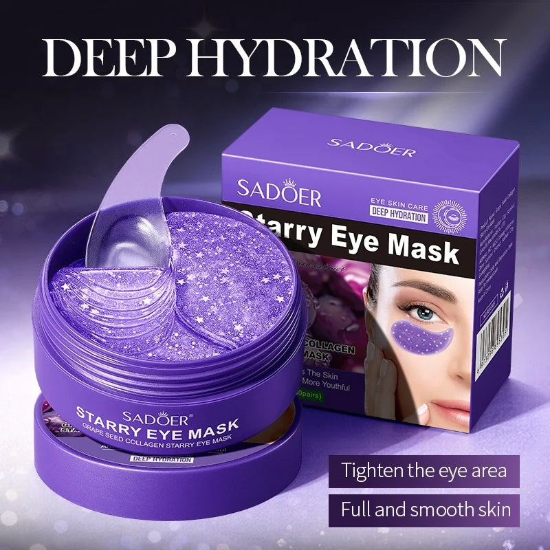 60 Pieces/Box Grape Seed Collagen Starry Sky Eye Mask, Contains Grape Seed and Collagen Gel Eye Mask, Suitable for All Light Beige Skin Types, Hypoallergenic, Alcohol-Free, Non-Irritating, Improves Dry Skin Around the Eyes, P