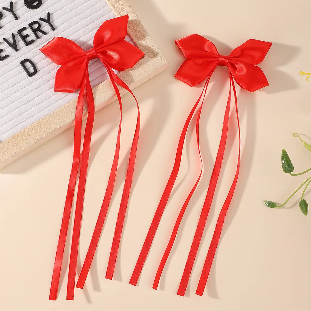 BABY BOWS 2Pcs Silky Satin Long Tassel Bow Hair Rubber Bands Sweet Ribbon Bow Hair Ties for Girls Head Decor