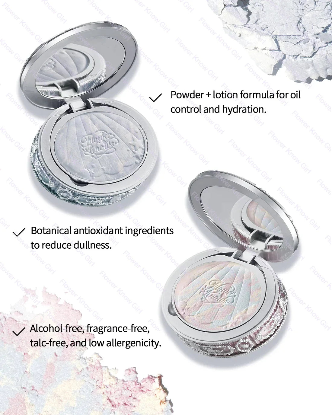 Flower Knows Shell Pearl Collection Baked Powder Mixed Color Honey Powder Clear Matte Makeup Setting Powder Natural Bronze Glow