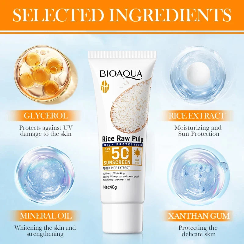 BIOAOUA Rice Puree Sunscreen SPF50+-PA+++ Isolating UV Protection, Waterproof, Suitable for Face, Neck, Body Sunscreen Lotion