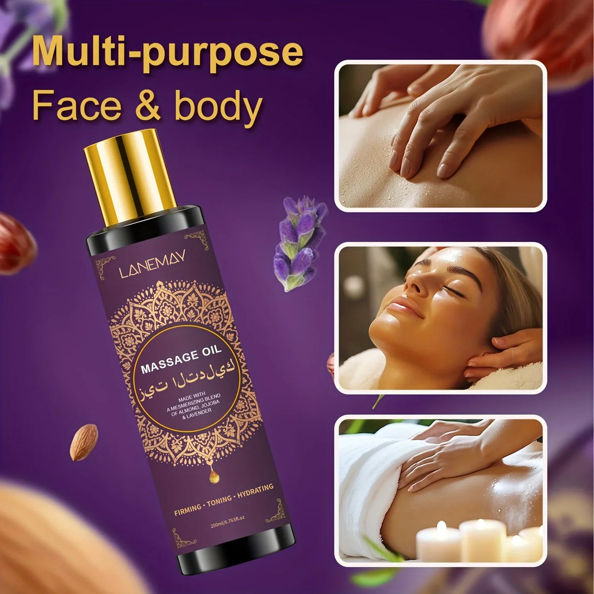 Hyaluronic Acid Lavender Massage Oil for Couples Quick Absorb Enhances Skin Elasticity No Greasy Residue Freshens Moisturizes