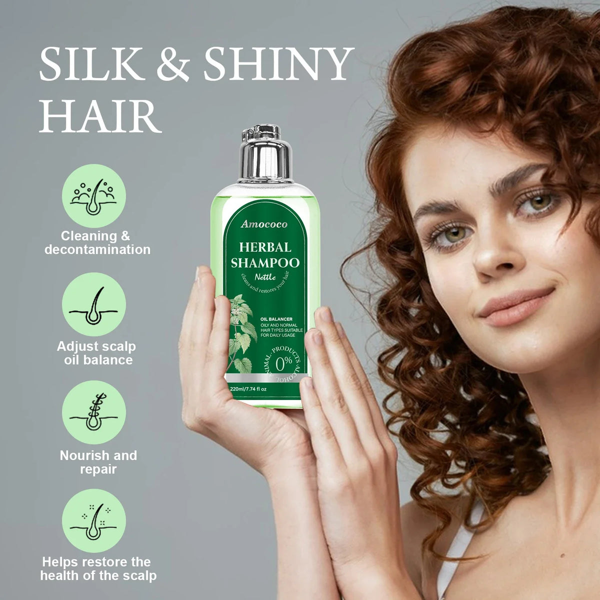 Amococo 3pcs Nettle Shampoo 220ml Each Oil Balancing Daily Hair Cleanser for Oily Normal Hair Purifying Scalp Care Gentle Formula