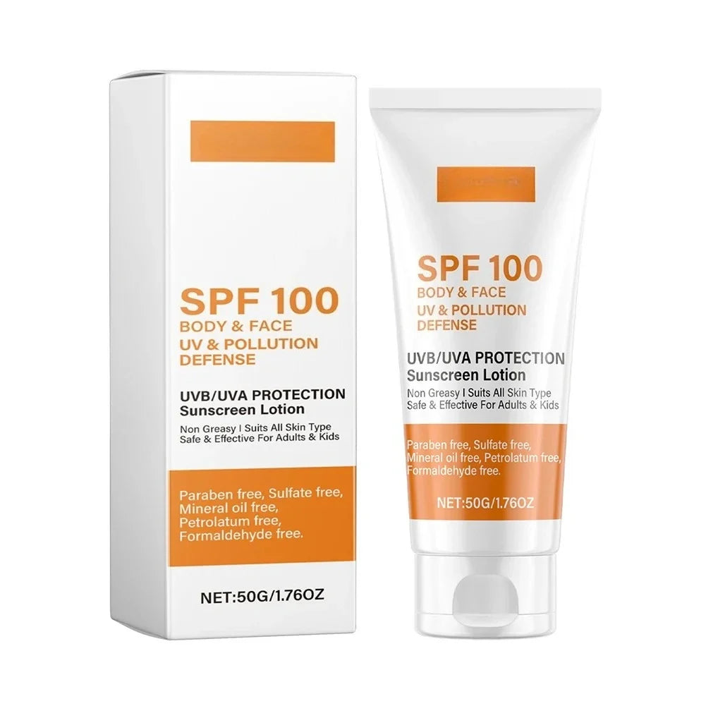 Face & Body Sunscreen Non-Greasy SPF 100+ Facial Sunblock UVA & UVB Protection Sunblocking Cream Anti Aging for Summer Beach